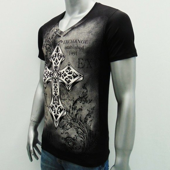 NWT EXCHANGE BIG CROSS TATTOO MEN'S BLACK V-NECK SHORT SLEEVE T-SHIRT SIZE M L - Picture 4 of 4